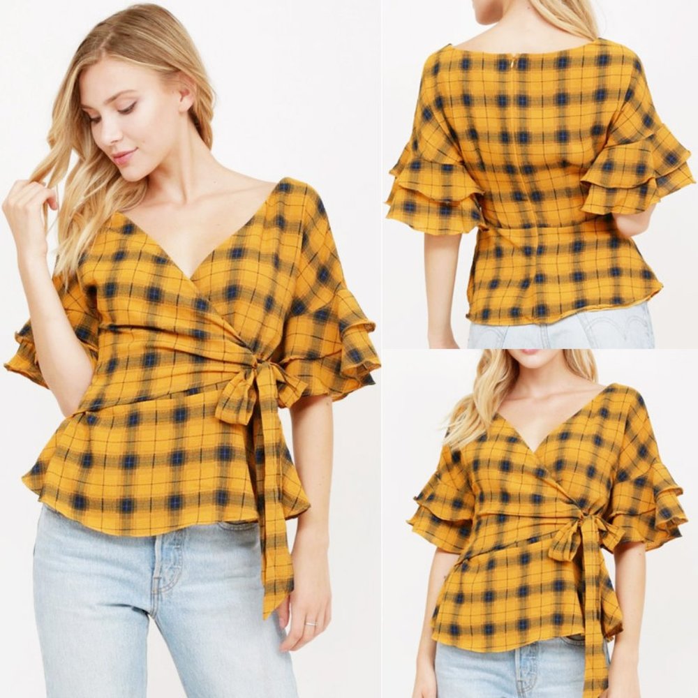 Mustard Plaid Check Ruffle Sleeves Wrap Tie Blouse - Picture 2 of 10
